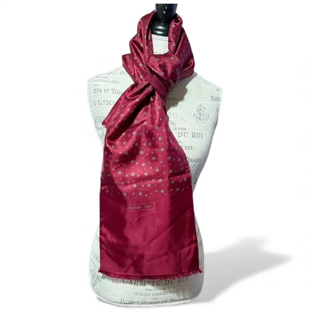 Vintage Christian Dior Reversible Silk and Wool Dark Red Printed Scarf 55” x 9”
